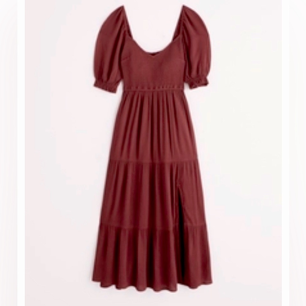 NWT Abercrombie Short-Sleeve Smocked Midi Dress Burgundy size M pockets